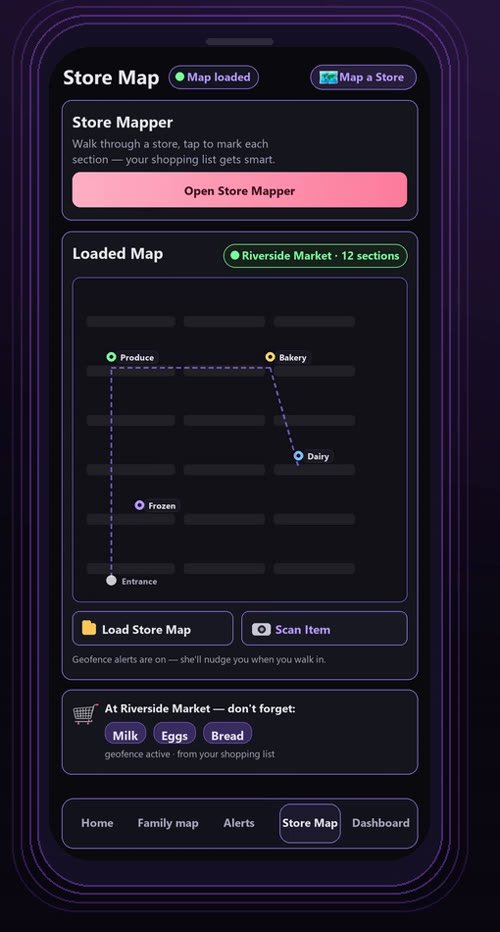 Store map screen — a store mapped into sections with a smart shopping list